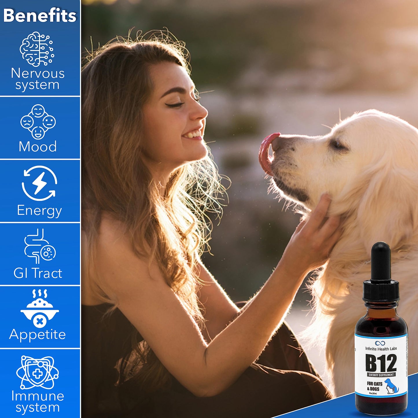 A smiling woman pets a happy golden retriever outdoors. On the left, icons list benefits of Infinite Health Labs Liquid Vitamin B-12 for Dogs and Cats. A dropper bottle is shown in the foreground.