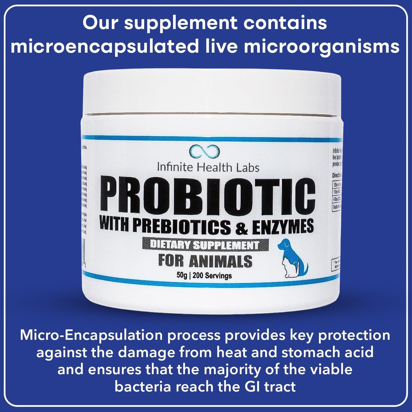 A white container of Infinite Health Labs Probiotics for Animals is shown on a blue background, highlighting its benefits and micro-encapsulated live microorganisms for optimal gut health in dogs.