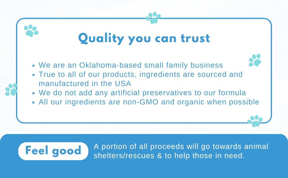 Blue and white graphic with paw prints. Highlights Oklahoma family biz Infinite Health Labs’ Bio-Active Bovine Colostrum for Pets—USA-made, preservative-free dog treats with organic, non-GMO ingredients. Proceeds aid animal shelters and rescues.