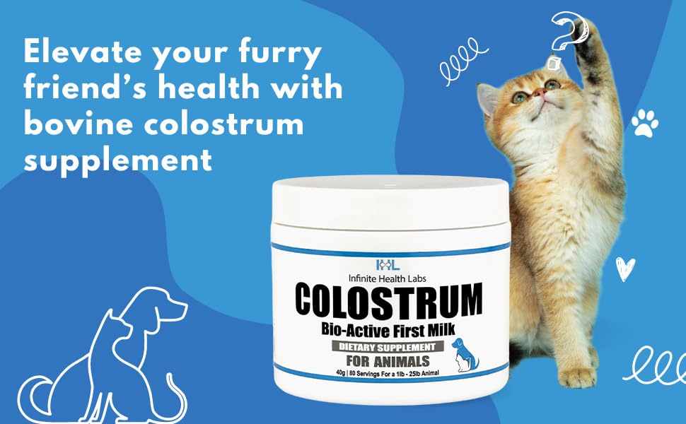 An orange cat reaches for a tub of Infinite Health Labs Bio-Active Bovine Colostrum for Pets. Text: “Support your pet’s wellness with this premium colostrum supplement.” Blue backdrop with playful pet doodles.