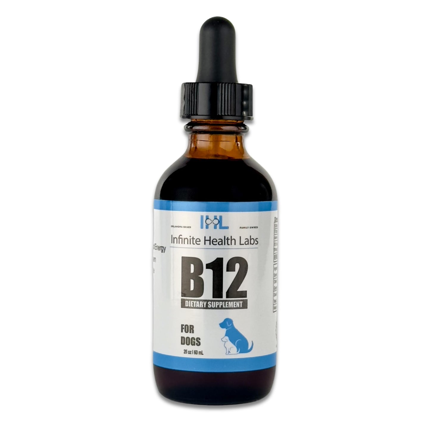 A brown glass bottle with a black dropper cap labeled Infinite Health Labs Liquid Vitamin B-12 for Dogs and Cats, featuring a blue and white design with a small dog illustration at the bottom. Suitable as Vitamin B12 for pets.