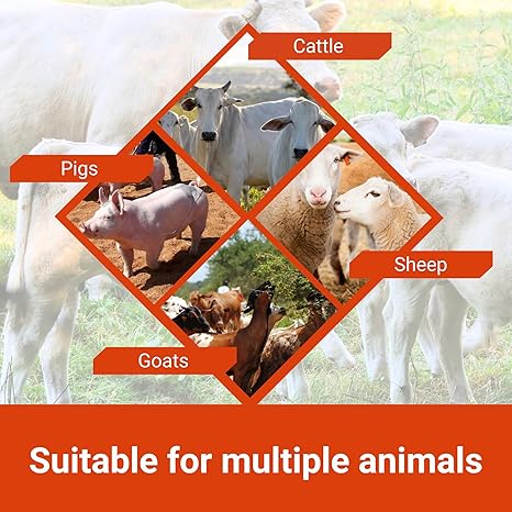 Collage features labeled images of cattle, pigs, sheep, and goats over a white cattle background. Text: Orange Power by Infinite Health Labs—suitable as a liquid supplement for cattle and an appetite stimulant for show animals.