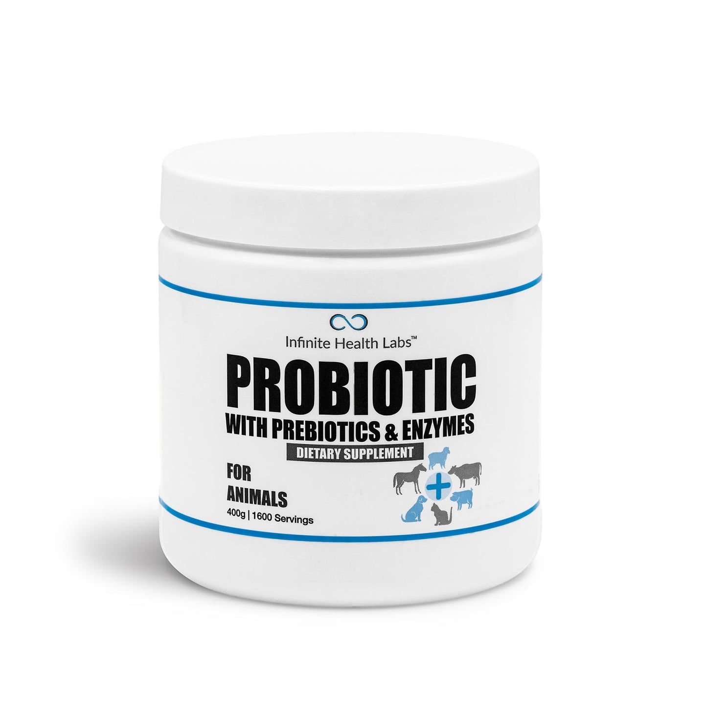 A white container of Infinite Health Labs Probiotics for Animals dietary supplement features dog, cat, cow, and horse icons. This 400g powder supports animal gut health with prebiotics, enzymes, and provides 1000 servings.