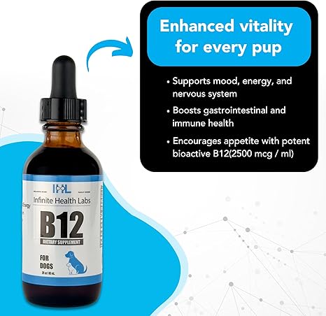 A bottle labeled Infinite Health Labs Liquid Vitamin B-12 for Dogs and Cats, supporting vitality, mood, energy, immune and nervous system health, and appetite with potent bioactive B12.