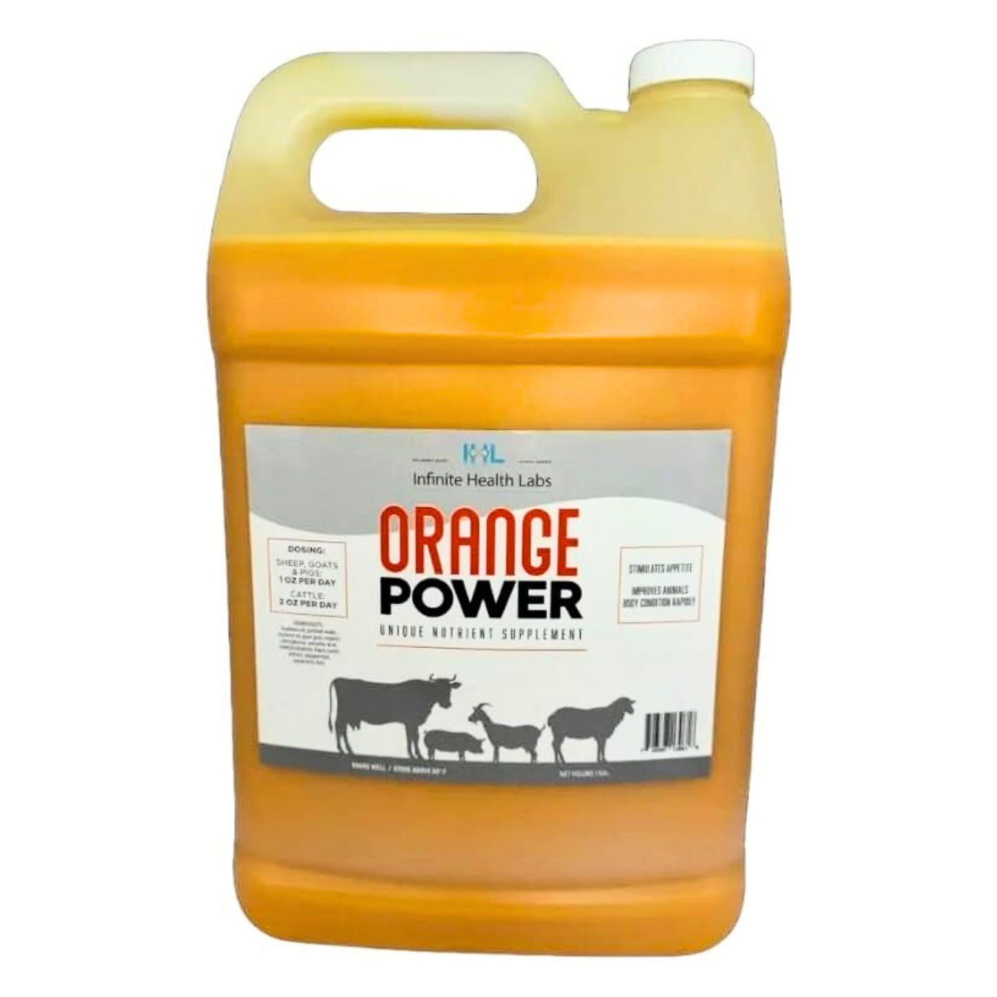 The large plastic jug labeled Orange Power by Infinite Health Labs features cow, pig, and chicken images, indicating its a unique orange liquid supplement providing performance support for cattle and other livestock.