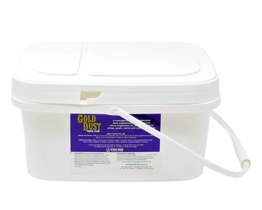 A white plastic tub with lid and handle features a blue and yellow Infinite Health Labs Gold Dust label, promoting a show stock supplement for livestock, set against a plain light background.