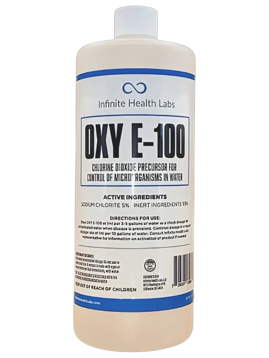 A white bottle labeled Oxy E-100 by Infinite Health Labs, a sodium chlorite-based chlorine dioxide precursor for water microorganism control. The label details active ingredients, safety info, and supports alkaline balance.