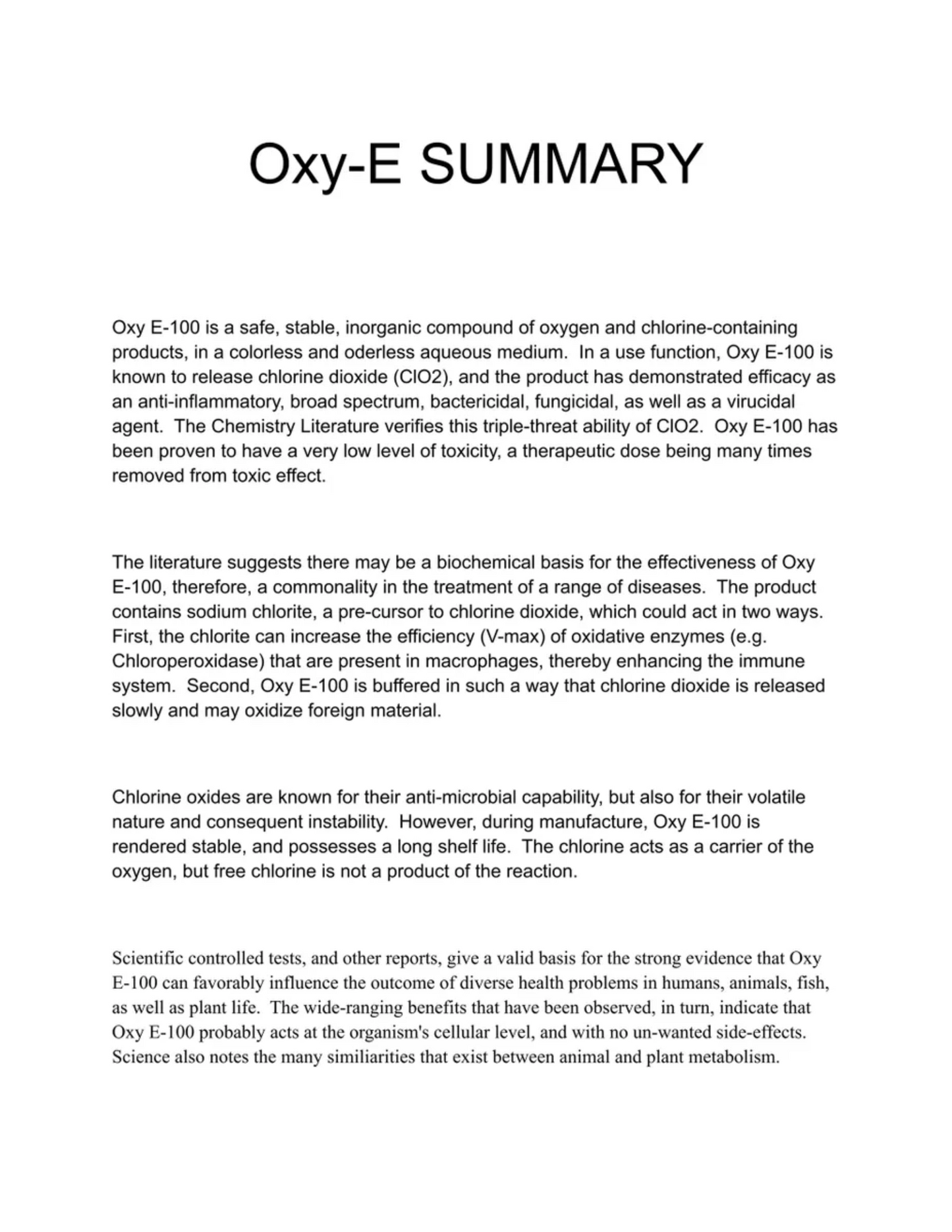 A document titled Oxy-E SUMMARY details the uses, benefits, effects, and safety of Infinite Health Labs Oxy E-100 chlorine dioxide with sodium chlorite, including scientific support and its relation to animal and plant metabolism.