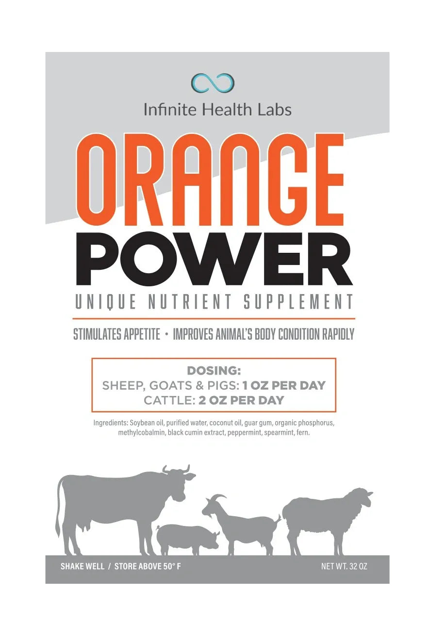 Product label for Gold Power Pack show animal supplement by Infinite Health Labs, featuring silhouettes of cow, pig, sheep, and goat. Directions detail dosing for sheep, goats, pigs, and cattle. An effective appetite booster for peak performance.
