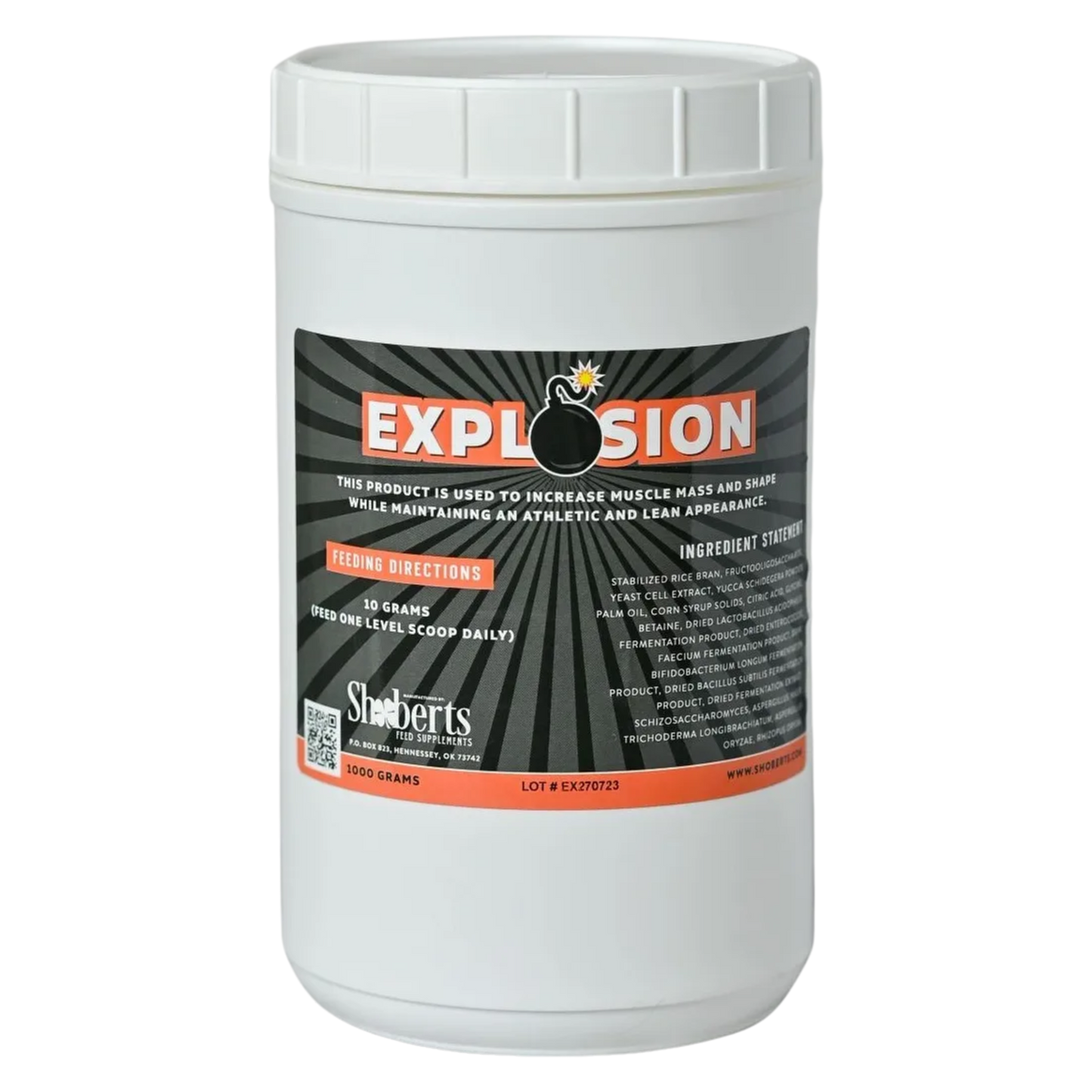 Explosion by Infinite Health Labs is a white container with a black and orange label featuring directions and ingredients. This all-natural feed supplement for sheep, goats, and cattle supports muscle mass and improved shape.