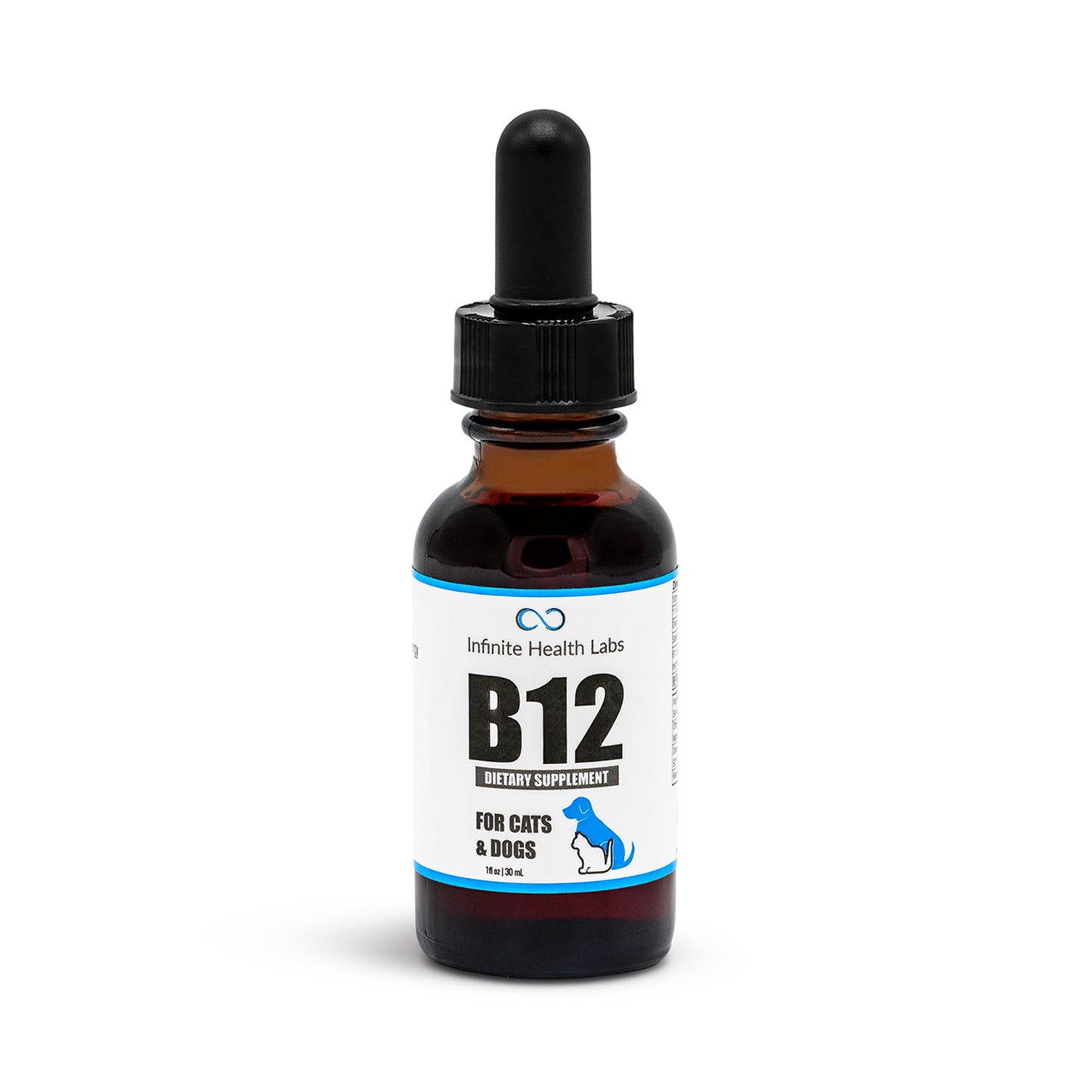 A brown glass dropper bottle labeled Infinite Health Labs Liquid Vitamin B-12 for Dogs and Cats, featuring a cat and dog silhouette, with a black dropper cap.