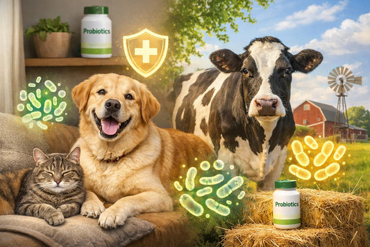 a joyful dog, relaxed cat, and sturdy cow in a harmonious farm-to-home setting