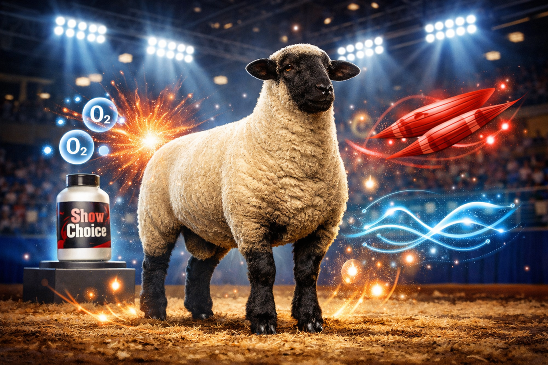 Majestic sheep in show ring illustrating Show Choice supplement benefits, with icons for octacosanol endurance boosts, gamma oryzanol muscle recovery, and lean mass support for show animals.
