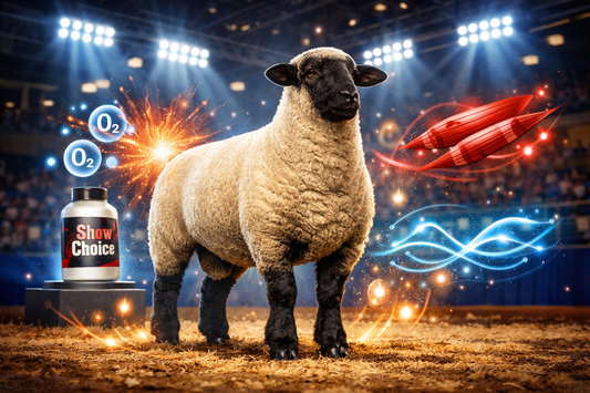 Majestic sheep in show ring illustrating Show Choice supplement benefits, with icons for octacosanol endurance boosts, gamma oryzanol muscle recovery, and lean mass support for show animals.