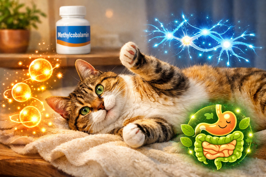 a warm, educational image that captures a vibrant cat in a cozy setting, with subtle icons representing energy, nerve health, and digestion benefits