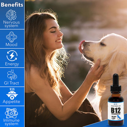A smiling woman pets a happy golden retriever outdoors. On the left, icons list benefits of Infinite Health Labs Liquid Vitamin B-12 for Dogs and Cats. A dropper bottle is shown in the foreground.