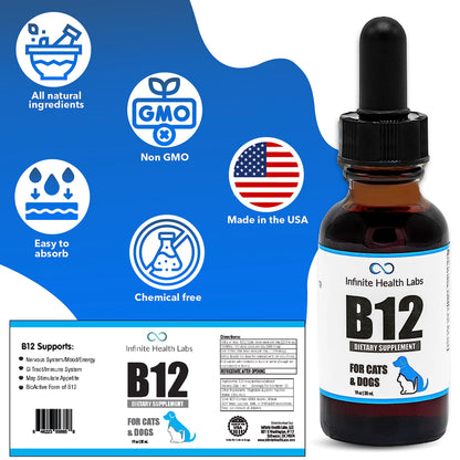A bottle of Infinite Health Labs Liquid Vitamin B-12 for Dogs and Cats is shown with a dropper. Icons highlight its all-natural, non-GMO, chemical-free, easy to absorb bioactive B12 supplement, and made in the USA.