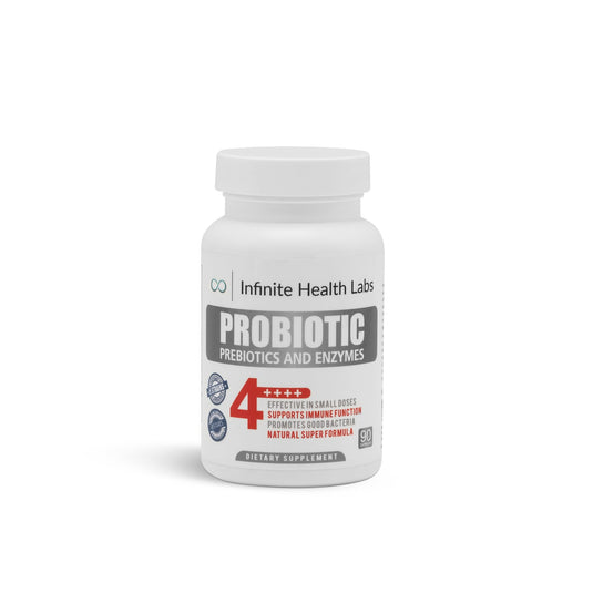 A white Infinite Health Labs bottle labeled "Probiotic Capsules – Gut Health, Digestive & Immune Support with Enzymes" features red and gray text, micro-encapsulated probiotics, digestive enzymes, and contains 90 dietary supplement capsules.