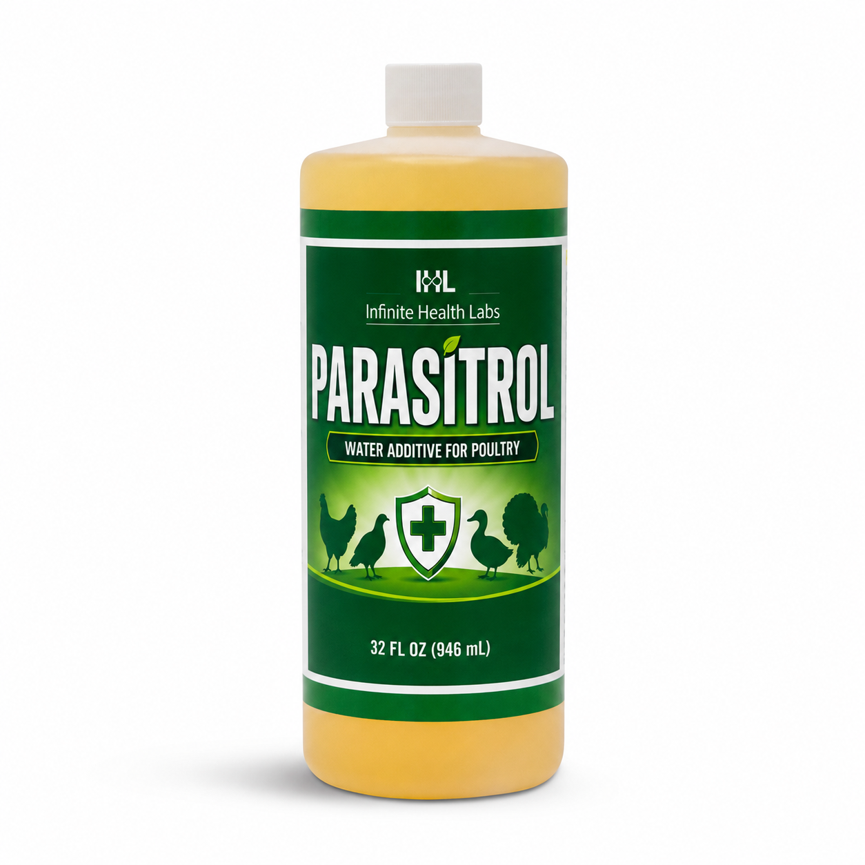 A 32 fl oz (946 mL) bottle of Infinite Health Labs Parasitrol Poultry Water Additive, an all-natural herbal formula for coccidia control and gut health, with a green bird silhouette label and white cap.