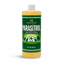A 32 fl oz (946 mL) bottle of Infinite Health Labs Parasitrol Poultry Water Additive, an all-natural herbal formula for coccidia control and gut health, with a green bird silhouette label and white cap.