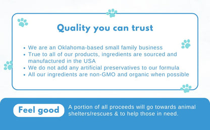 Blue and white graphic with paw prints. Highlights Oklahoma family biz Infinite Health Labs’ Bio-Active Bovine Colostrum for Pets—USA-made, preservative-free dog treats with organic, non-GMO ingredients. Proceeds aid animal shelters and rescues.