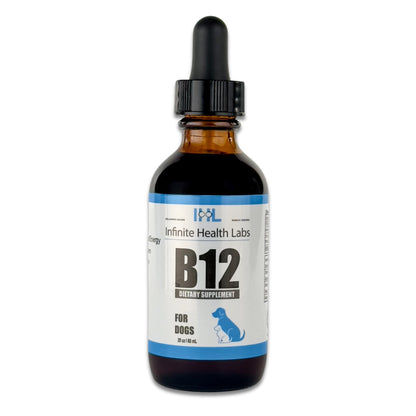 A brown glass bottle with a black dropper cap labeled Infinite Health Labs Liquid Vitamin B-12 for Dogs and Cats, featuring a blue and white design with a small dog illustration at the bottom. Suitable as Vitamin B12 for pets.