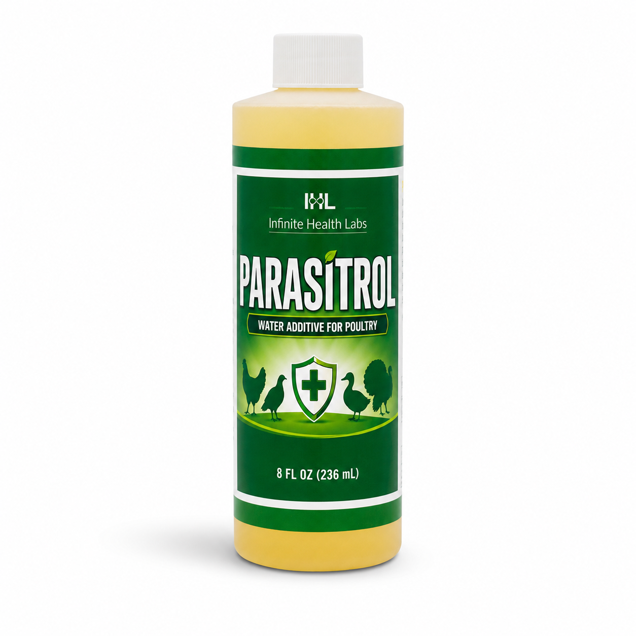 An 8 fl oz (236 mL) bottle of Infinite Health Labs Parasitrol Poultry Water Additive, an all-natural herbal formula supporting coccidia control and gut health. Features images of birds and a shield with a cross on the green label.