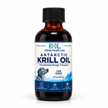 Amber glass bottle of Infinite Health Labs Antarctic Krill Oil for Dogs, featuring a portrait of a dog on the label to promote canine wellness.