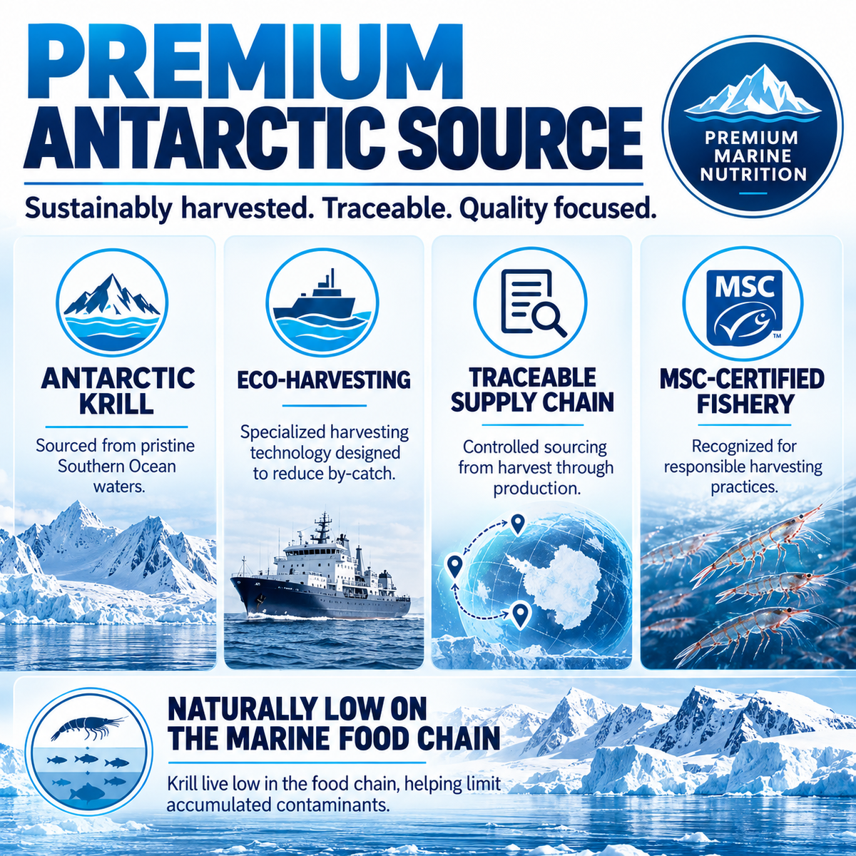Infographic for Infinite Health Labs Antarctic Krill Oil for Dogs highlighting sustainable sourcing through eco-harvesting, supply chain traceability, MSC certification, and low food chain placement for essential Omega-3 fatty acids.