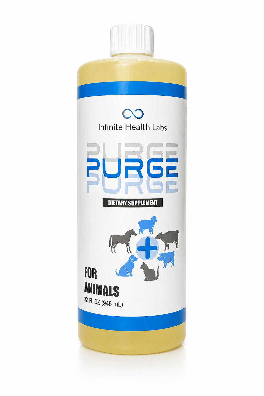 A 32 fl oz (946 mL) bottle of Infinite Health Labs Purge – Natural Dewormer for Goats, Sheep, Dogs & Swine features animal illustrations and provides gut health and parasite support in a convenient liquid supplement.