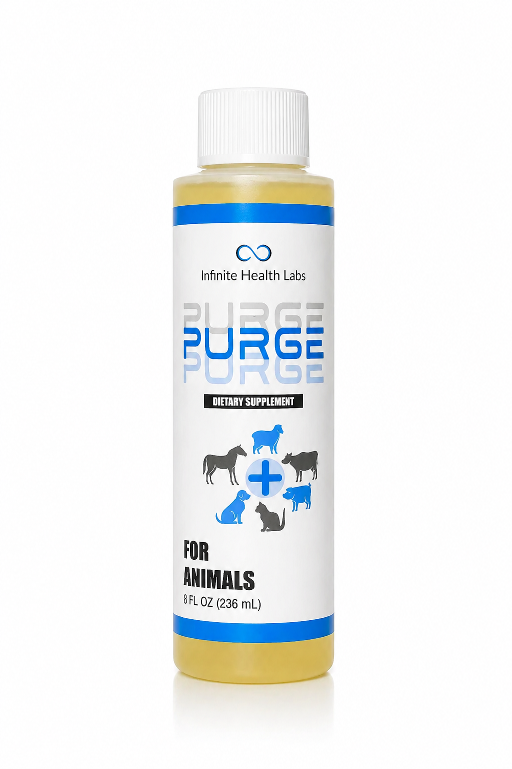 A bottle labeled Purge – Natural Dewormer for Goats, Sheep, Dogs & Swine from Infinite Health Labs. The 8 fl oz (236 mL) supplement supports gut health and parasites, with animal icons and a blue cross on the label.