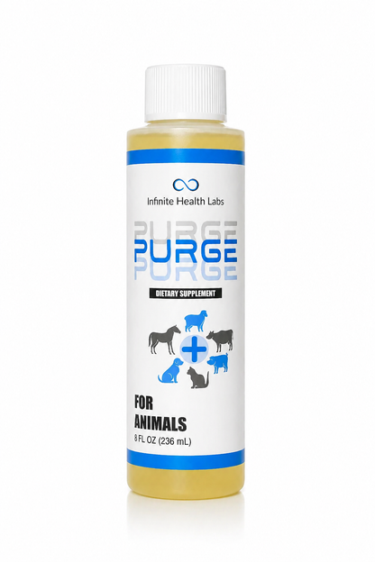 A bottle labeled Purge – Natural Dewormer for Goats, Sheep, Dogs & Swine from Infinite Health Labs. The 8 fl oz (236 mL) supplement supports gut health and parasites, with animal icons and a blue cross on the label.