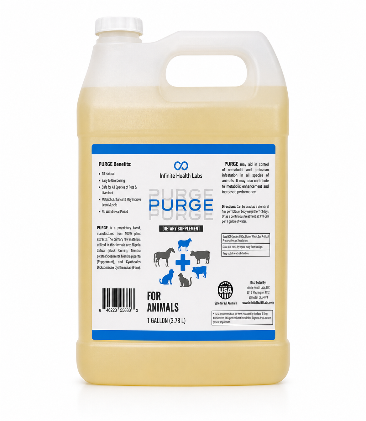 A 1-gallon white jug of Purge – Natural Dewormer for Goats, Sheep, Dogs & Swine by Infinite Health Labs features blue animal silhouettes and text highlighting its gut health and parasite support benefits; contains yellow liquid.