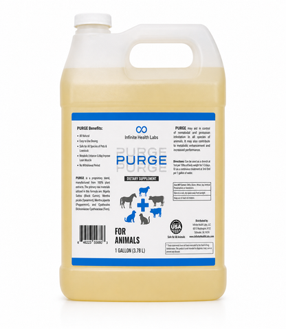 A 1-gallon white jug of Purge – Natural Dewormer for Goats, Sheep, Dogs & Swine by Infinite Health Labs features blue animal silhouettes and text highlighting its gut health and parasite support benefits; contains yellow liquid.