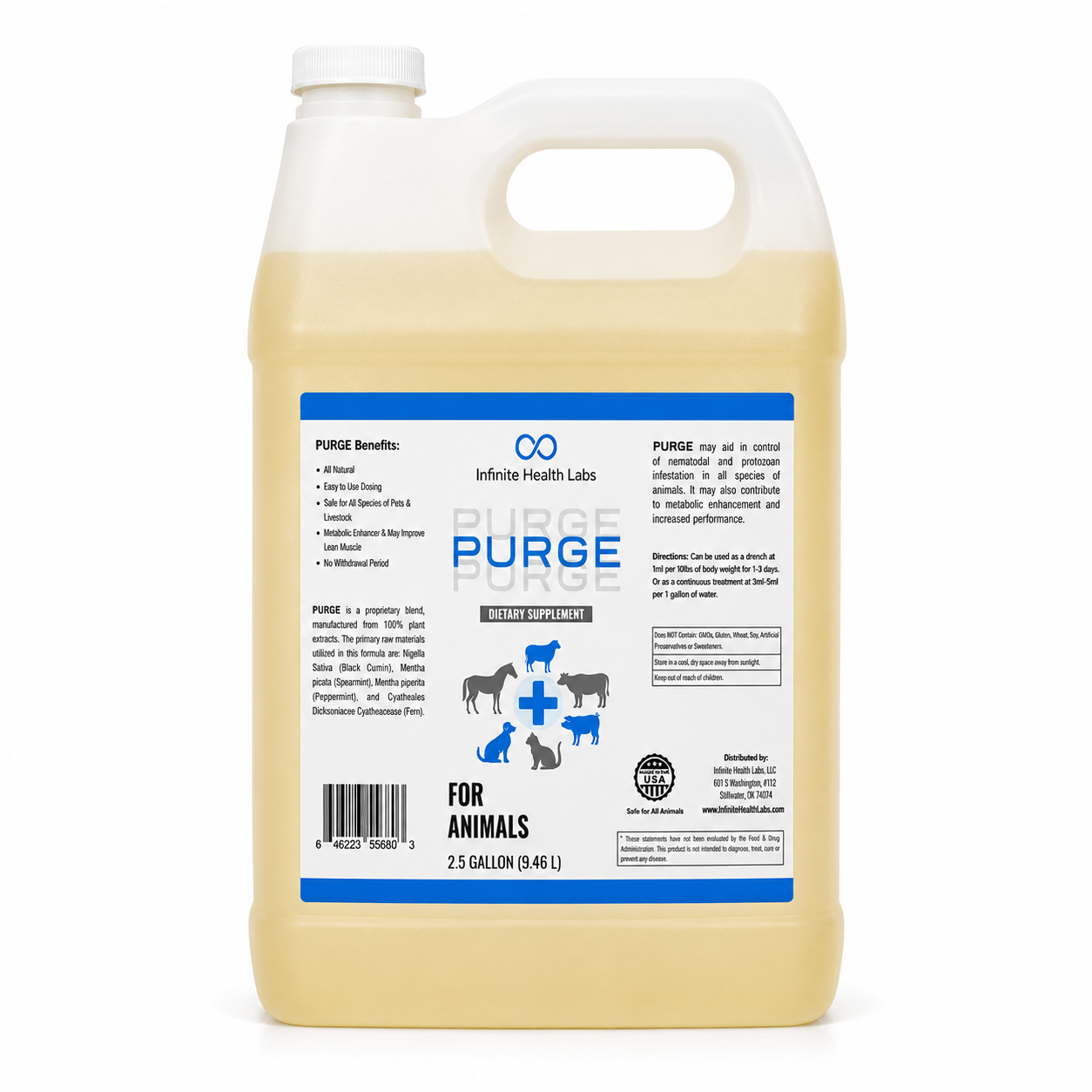 A 2.5-gallon jug of Infinite Health Labs’ Purge – Natural Dewormer for goats, sheep, dogs & swine, a gut health and parasite support supplement, comes with a label featuring benefits, directions, and animal illustrations.