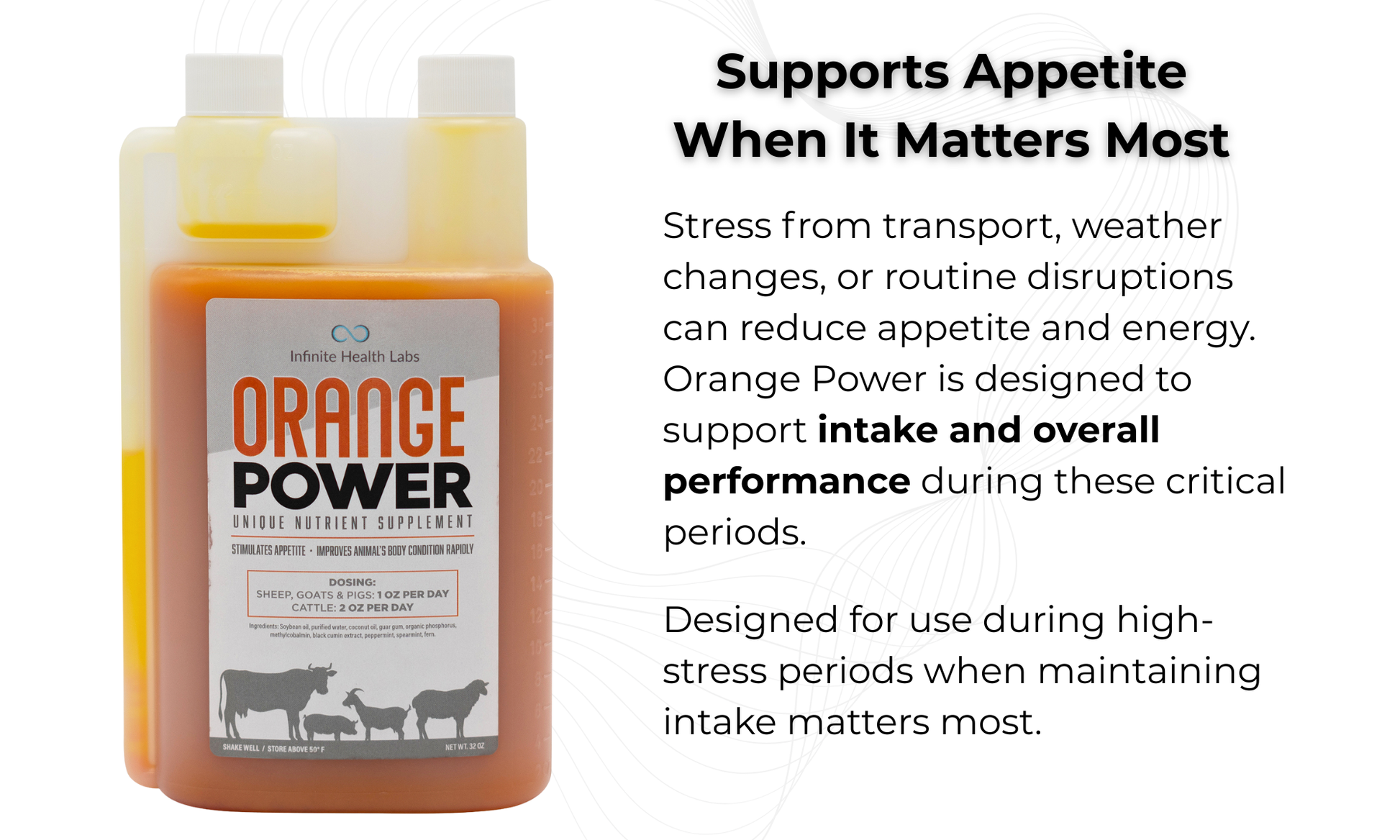 A bottle of Infinite Health Labs Orange Power liquid nutrient supplement for livestock supports intake and performance during stress, like transport or weather changes. With an appetite stimulant, it's ideal for show animals with reduced appetite.
