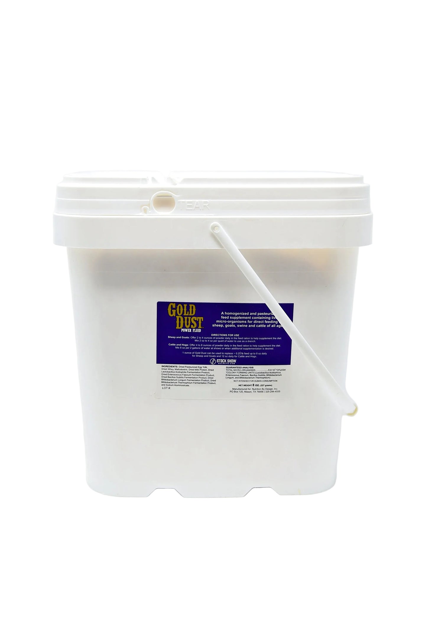 A large white plastic bucket with a handle and a blue and yellow label reading “Gold Dust Show Supplement for Cattle, Sheep, Goats & Pigs” by Infinite Health Labs, designed for muscle, fill, and belly control in livestock competition, shown against a white background.