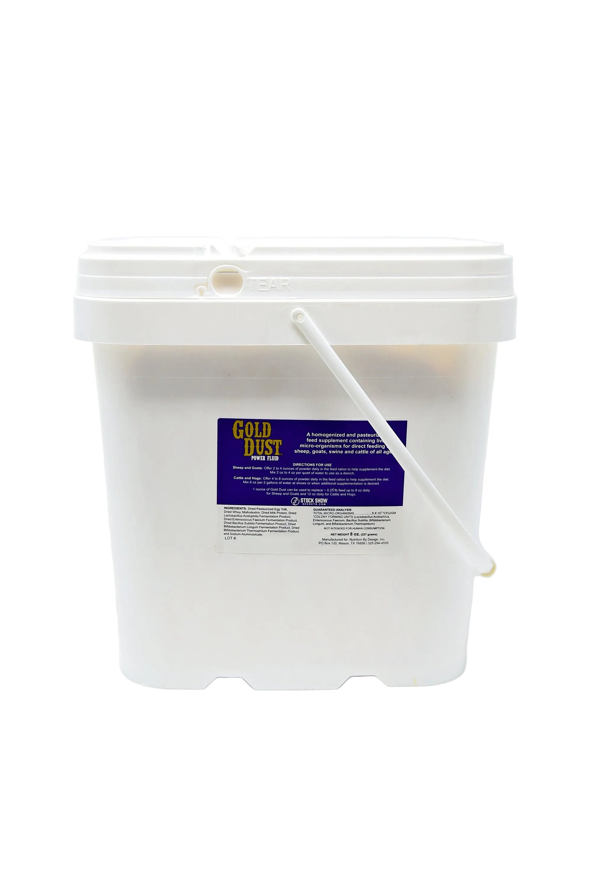 A large white plastic bucket with a handle and a blue and yellow label reading “Gold Dust Show Supplement for Cattle, Sheep, Goats & Pigs” by Infinite Health Labs, designed for muscle, fill, and belly control in livestock competition, shown against a white background.