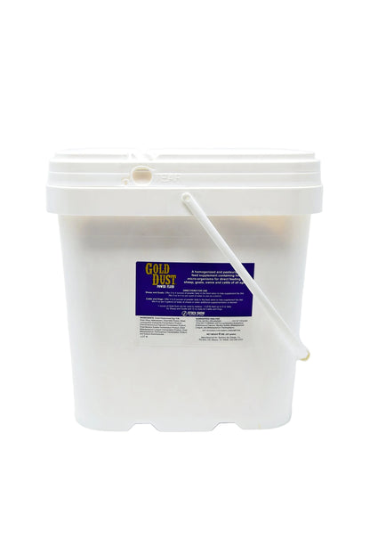 A large white plastic bucket with a handle and a blue and yellow label reading “Gold Dust Show Supplement for Cattle, Sheep, Goats & Pigs” by Infinite Health Labs, designed for muscle, fill, and belly control in livestock competition, shown against a white background.