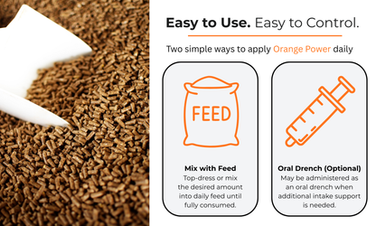 A close-up of Orange Power brown feed pellets by Infinite Health Labs with a white scoop. Easy to Use & Control: Mix this liquid livestock supplement with feed or give as an oral drench. Icons show a feed bag and syringe.