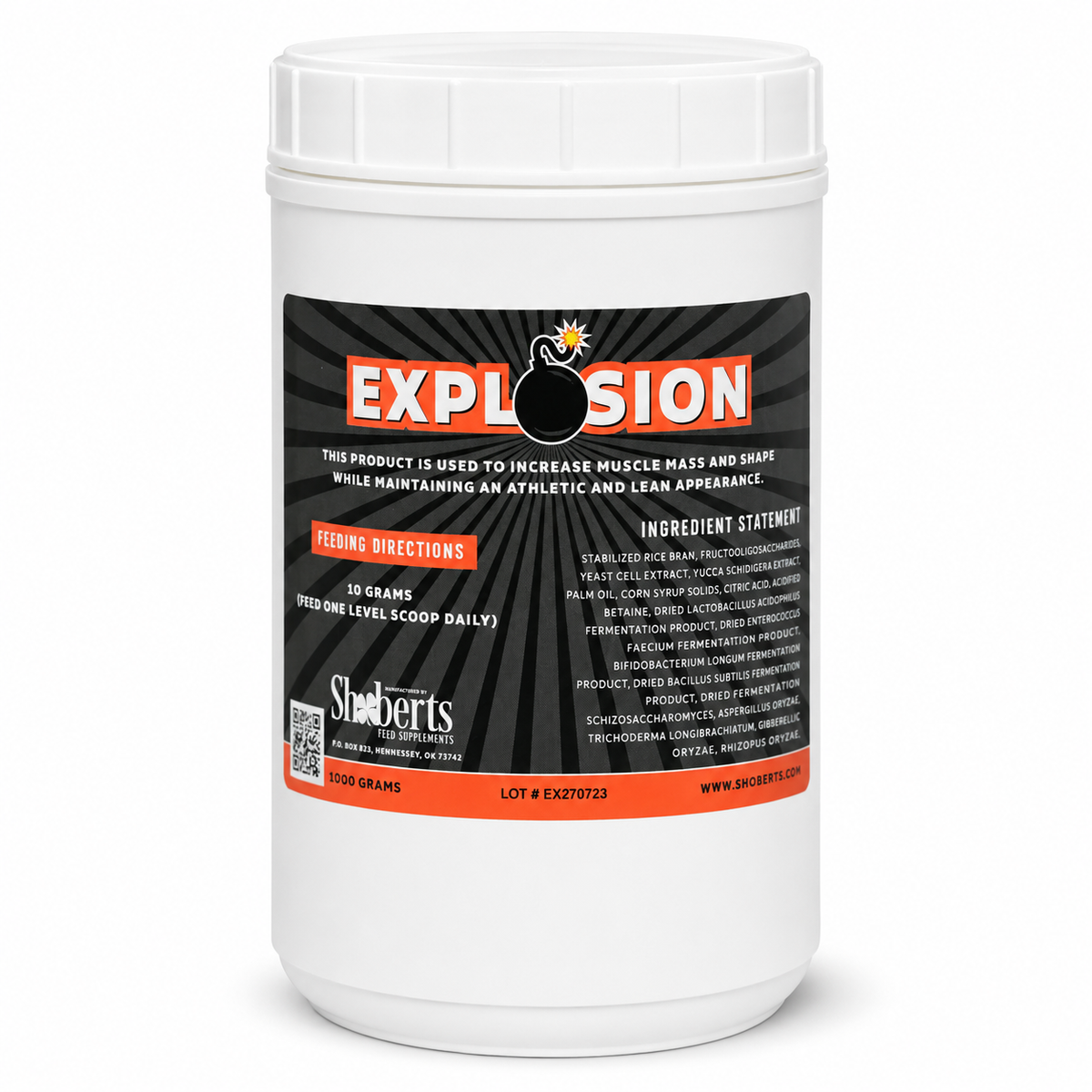 A white container labeled “Explosion Livestock Supplement | Muscle Growth, Shape & Density Support for Show Animals” features product information, feeding directions, a list of ingredients, and Infinite Health Labs branding for a livestock supplement designed to support muscle growth in show animals.