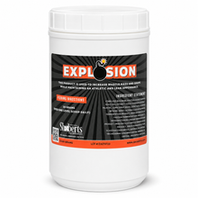 A white container labeled “Explosion Livestock Supplement | Muscle Growth, Shape & Density Support for Show Animals” features product information, feeding directions, a list of ingredients, and Infinite Health Labs branding for a livestock supplement designed to support muscle growth in show animals.