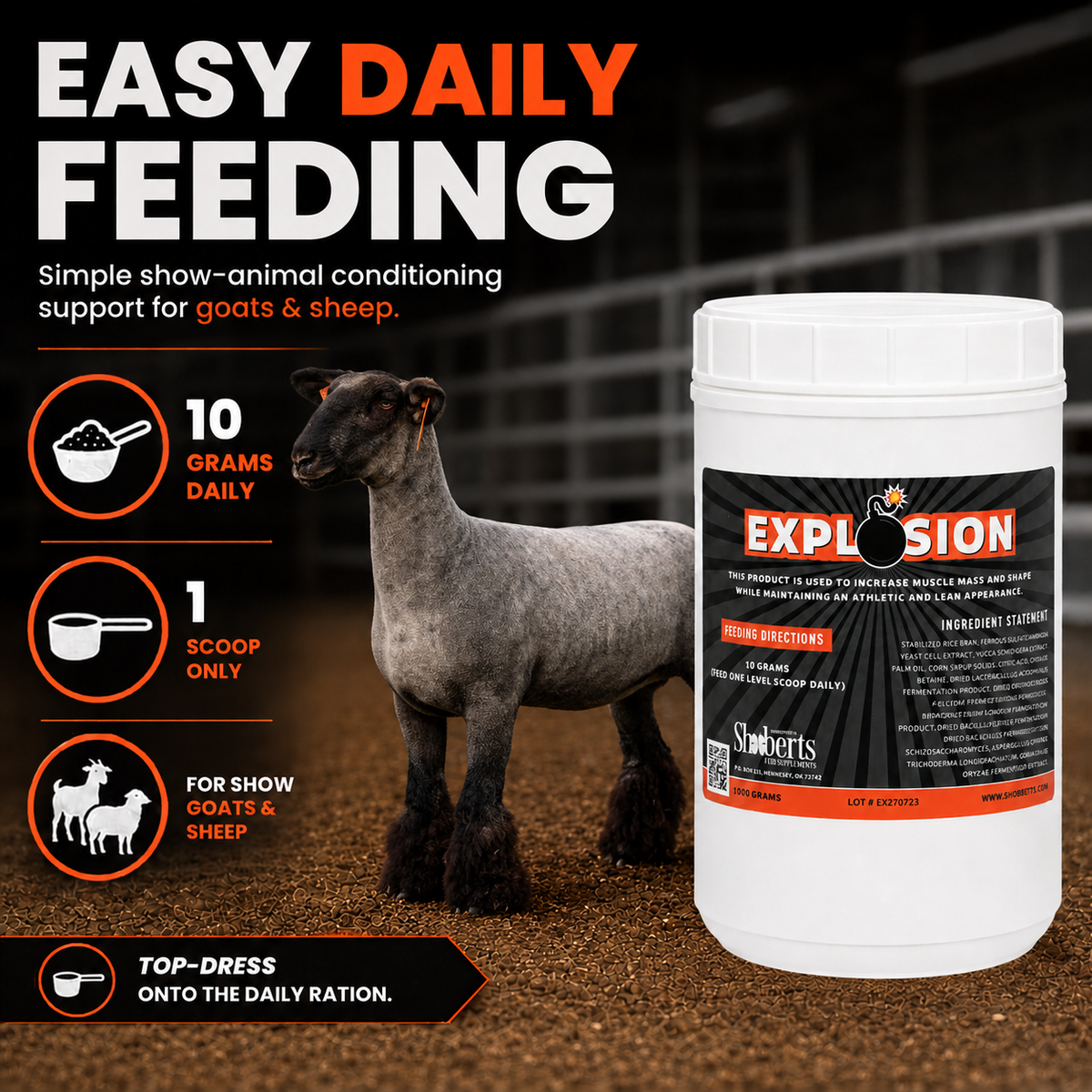 A black-faced sheep stands next to a white container labeled Explosion Livestock Supplement by Infinite Health Labs. Text highlights Easy Daily Feeding and provides instructions for goats and sheep: 10 grams daily, 1 scoop only, top-dress onto the daily ration. Specially formulated to support muscle growth, shape, and density in show animals, this premium supplement makes achieving optimal condition simple and effortless.
