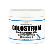A white container of Infinite Health Labs Bio-Active Bovine Colostrum for Pets features a blue outline and dog image. This powder provides 40g (80 servings) for 1–25lb cats and dogs.