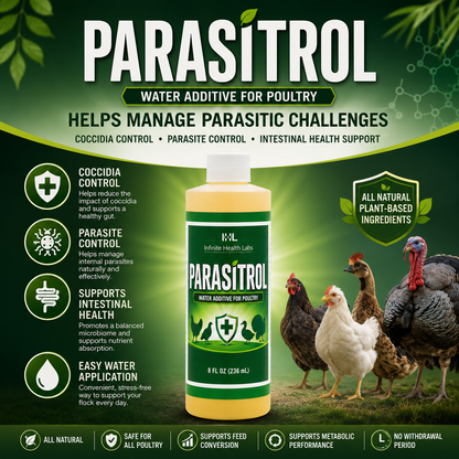 A bottle of Infinite Health Labs Parasitrol Poultry Water Additive appears with icons and chickens, highlighting coccidia control, gut health support, easy use, and an all-natural herbal formula.