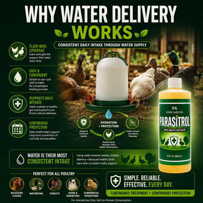 Infographic with chickens and ducks around a waterer, Parasitrol Poultry Water Additive by Infinite Health Labs, and icons showing benefits like hydration, coccidia control, and gut health for backyard, wild, and commercial flocks.