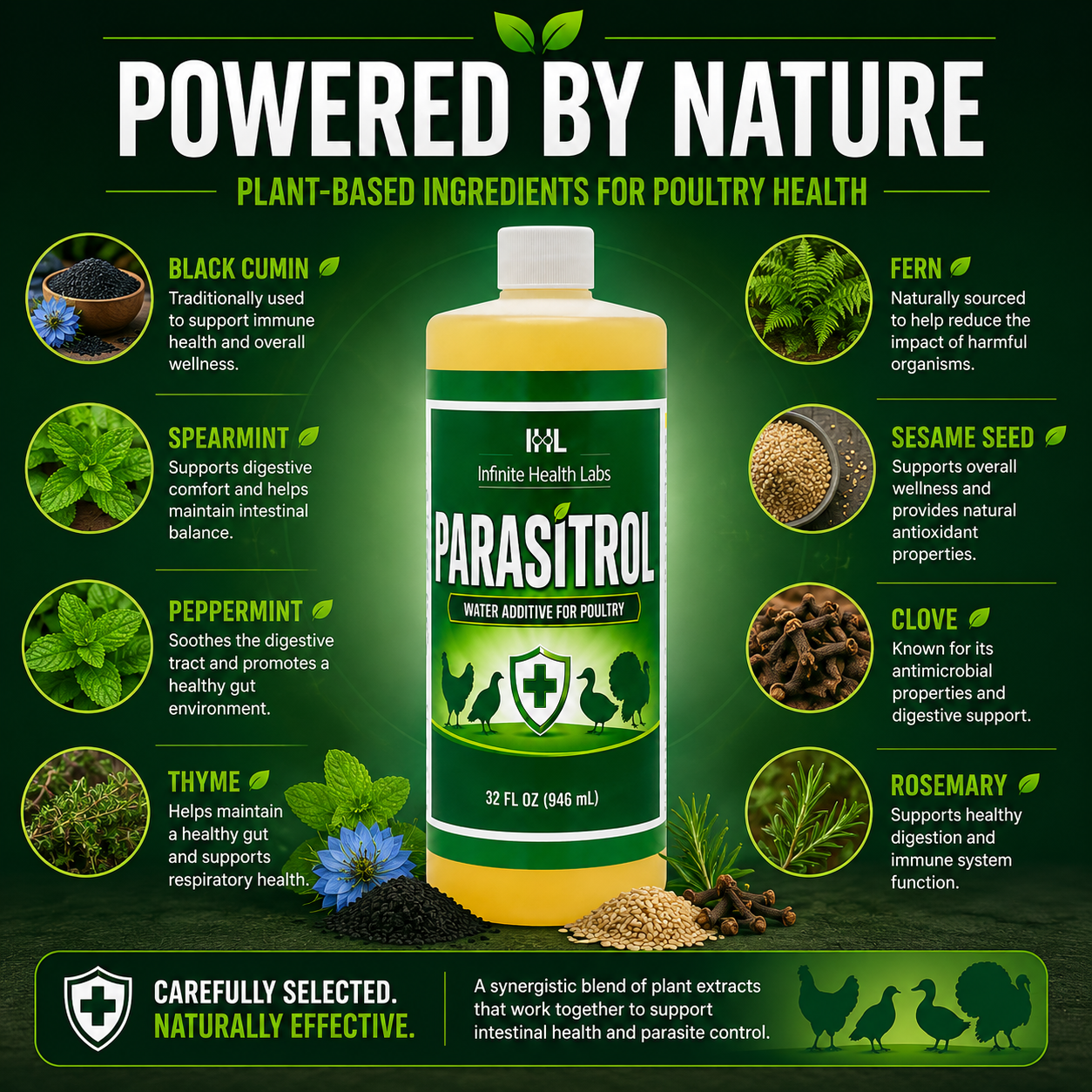A bottle of Infinite Health Labs Parasitrol Poultry Water Additive, an all-natural herbal formula supporting coccidia control and gut health, is shown with images and descriptions of ingredients: black cumin, spearmint, peppermint, thyme, fennel, sesame seed, clove & rosemary.