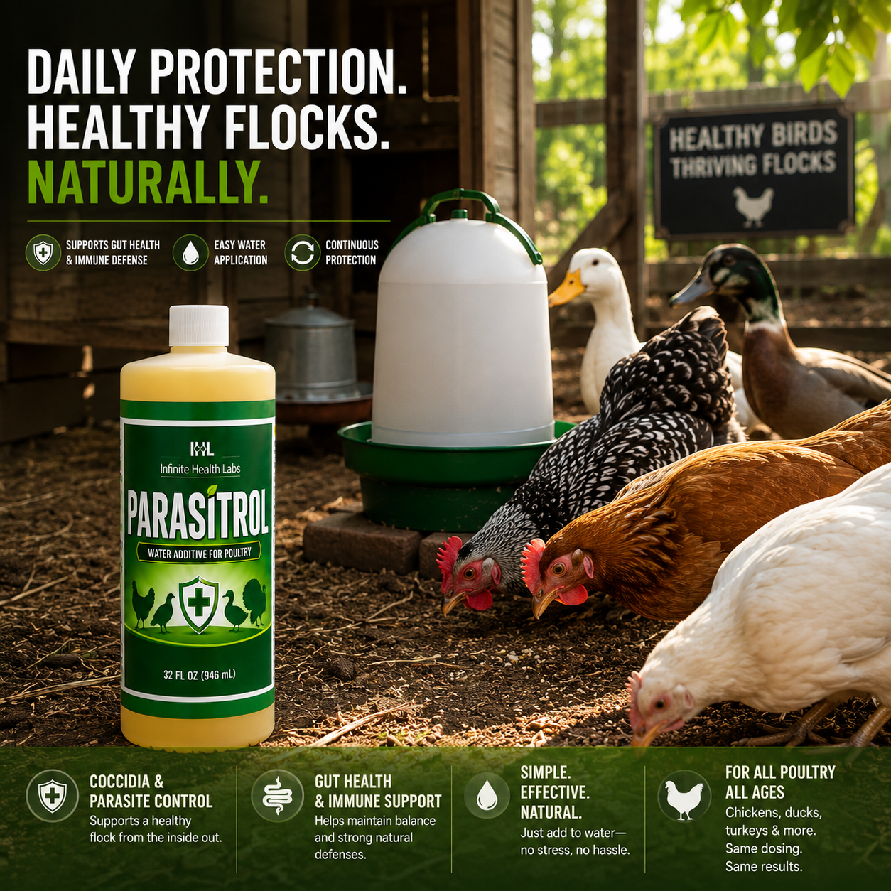 Several chickens eat near a bottle of Parasitrol Poultry Water Additive by Infinite Health Labs. The image highlights coccidia control, gut health, and suitability for all ages, promoting natural daily protection with this all-natural herbal formula.