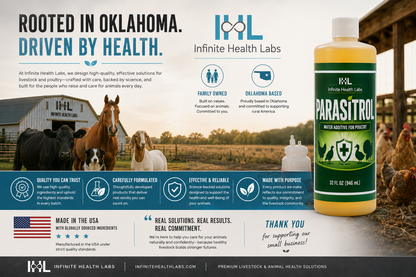 A promotional image for Infinite Health Labs Parasitrol Poultry Water Additive, an all-natural formula for coccidia control and gut health, features farm animals and a barn in Oklahoma. The bottle on the right highlights product benefits and family-owned values.