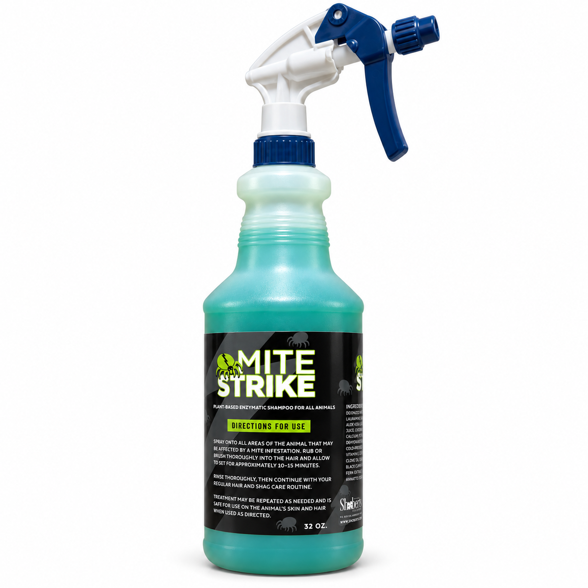 A 32-ounce spray bottle of Mite Strike – Plant-Based Enzymatic Shampoo for Show Sheep & Goats, featuring a white and blue trigger sprayer.